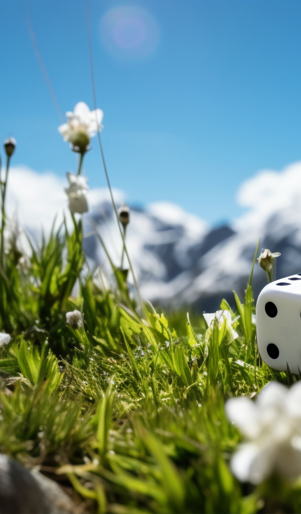 Кубик лежит на зеленой траве в горах