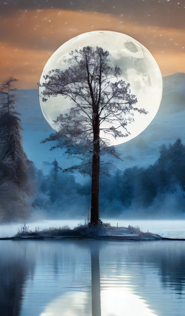 Большая белая луна за одиноким деревом у озера в горах
