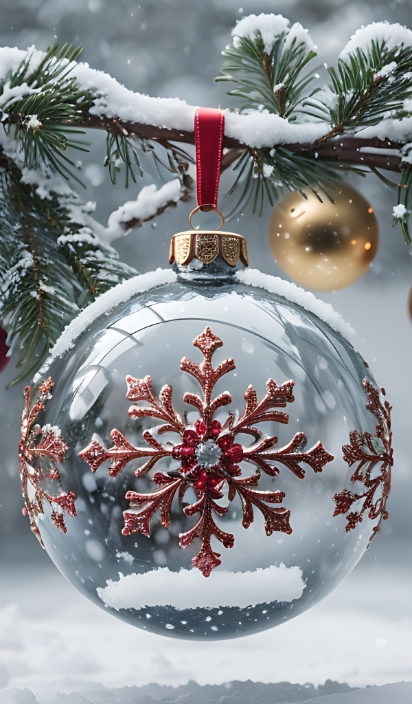 Красивый стеклянный шар со снежинкой на елке