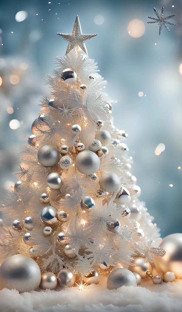 Красивая белая елка с шариками