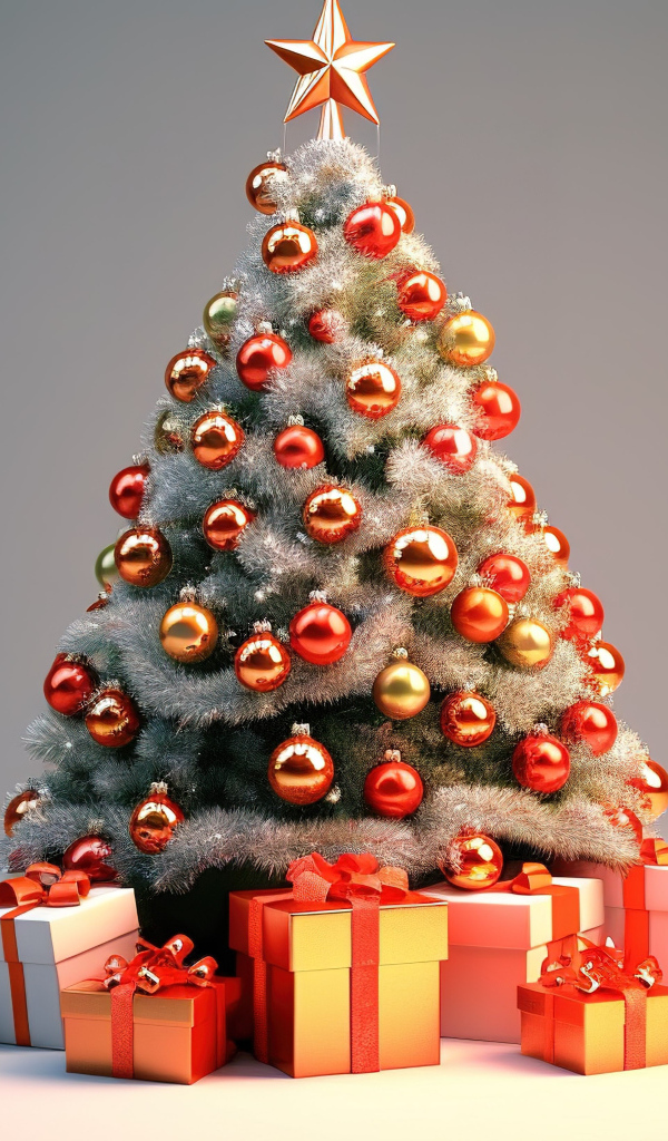 Новогодняя елка с подарками на сером фоне