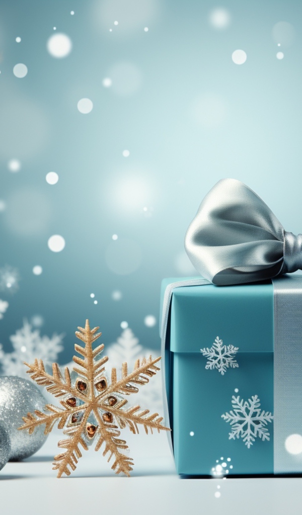 Подарок с игрушками на елку, шаблон для новогодней открытки