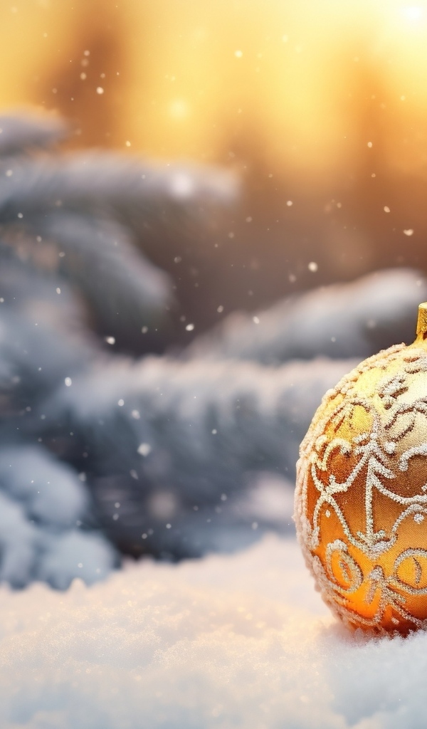 Золотистый еловый шар на снегу в лесу на Новый год