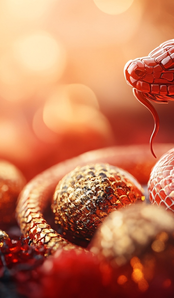 Красная змея с елочными игрушками на новый год 2025