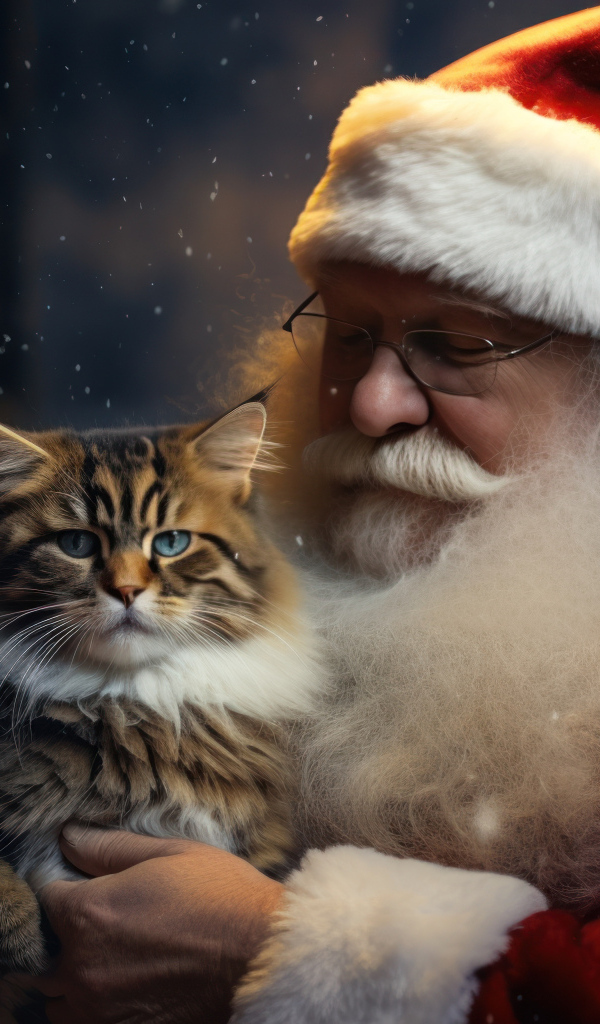 Дед мороз с красивым серым котом в руках
