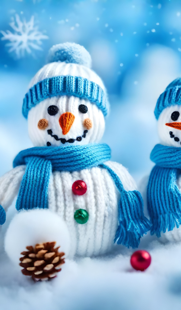 Два снеговика в шапках на снегу с шишками