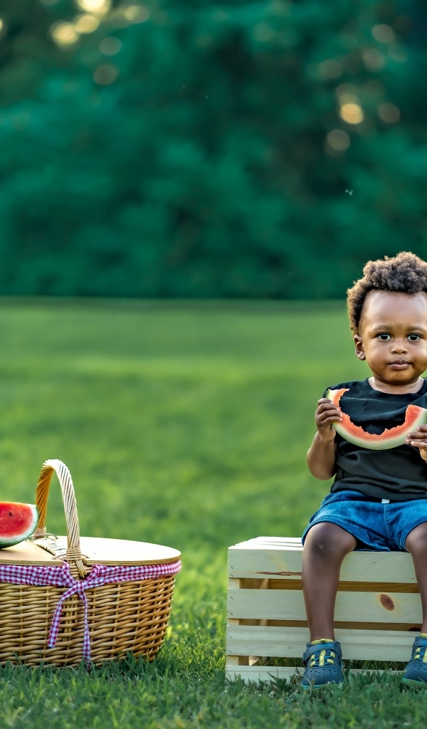 Темнокожий мальчик ест арбуз на природе