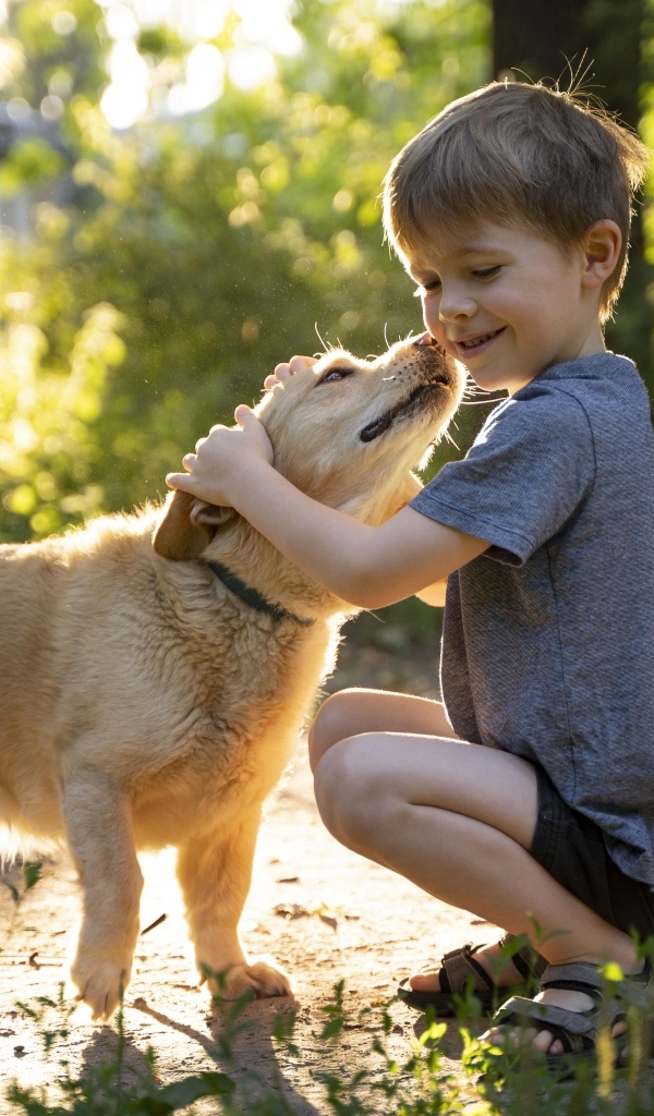 Маленький мальчик обнимает собаку