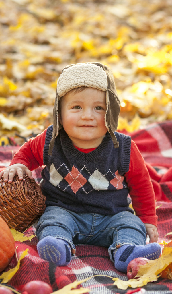 Маленький мальчик с игрушками на земле осенью 