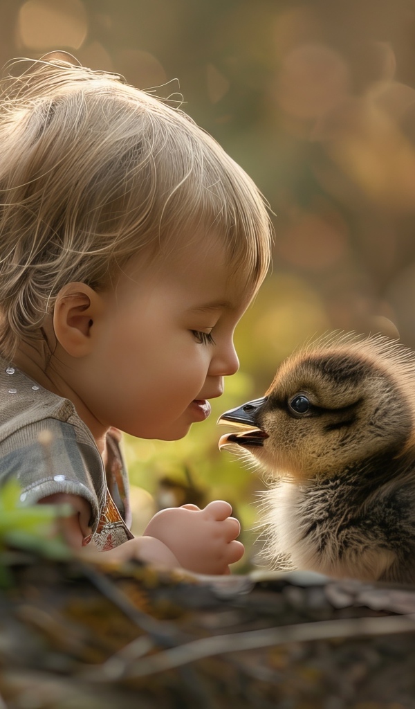 Маленький ребенок с утенком на земле