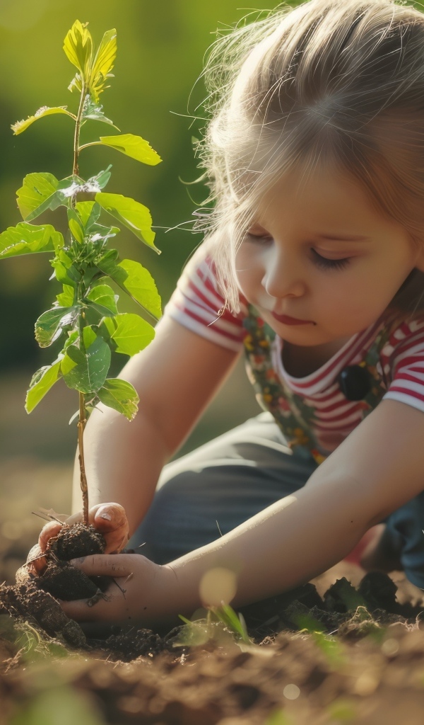 Маленькая девочка сажает зеленое растение