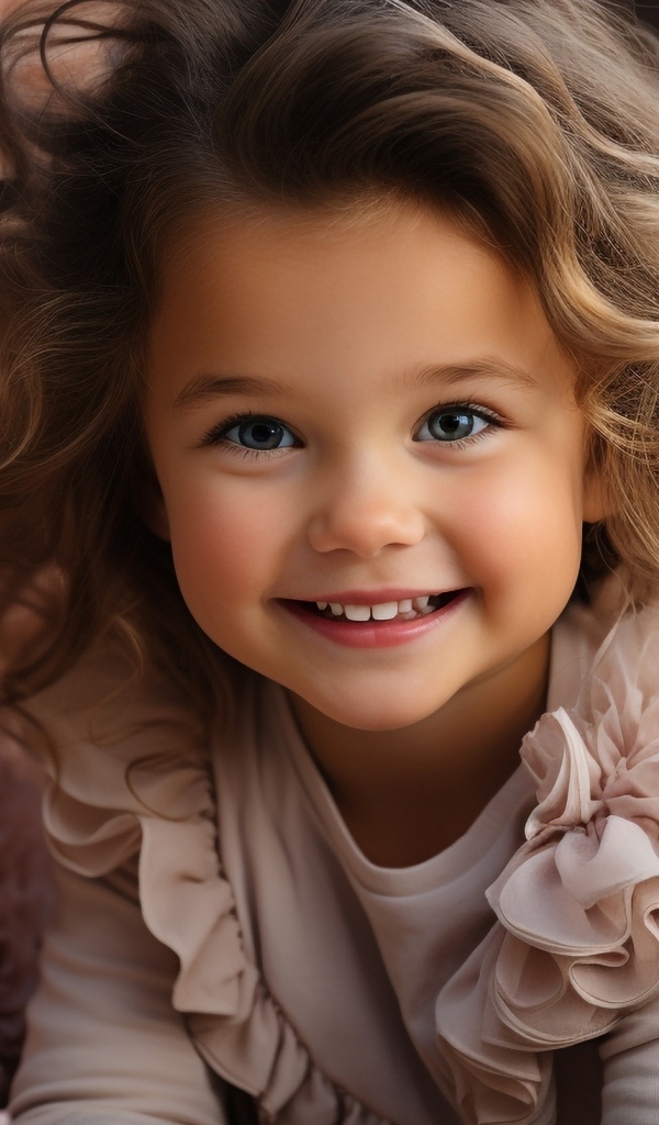 Маленькая улыбающаяся девочка в розовых цветах пиона