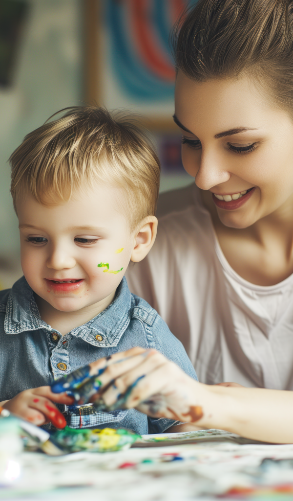 Мама рисует красками с сыном