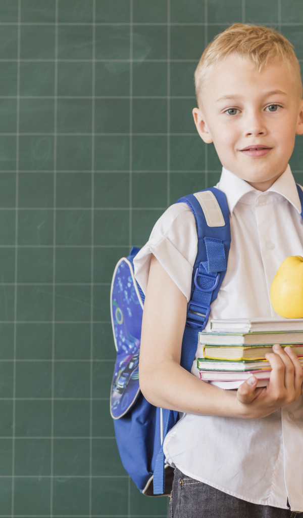 Мальчик школьник с книгами у доски