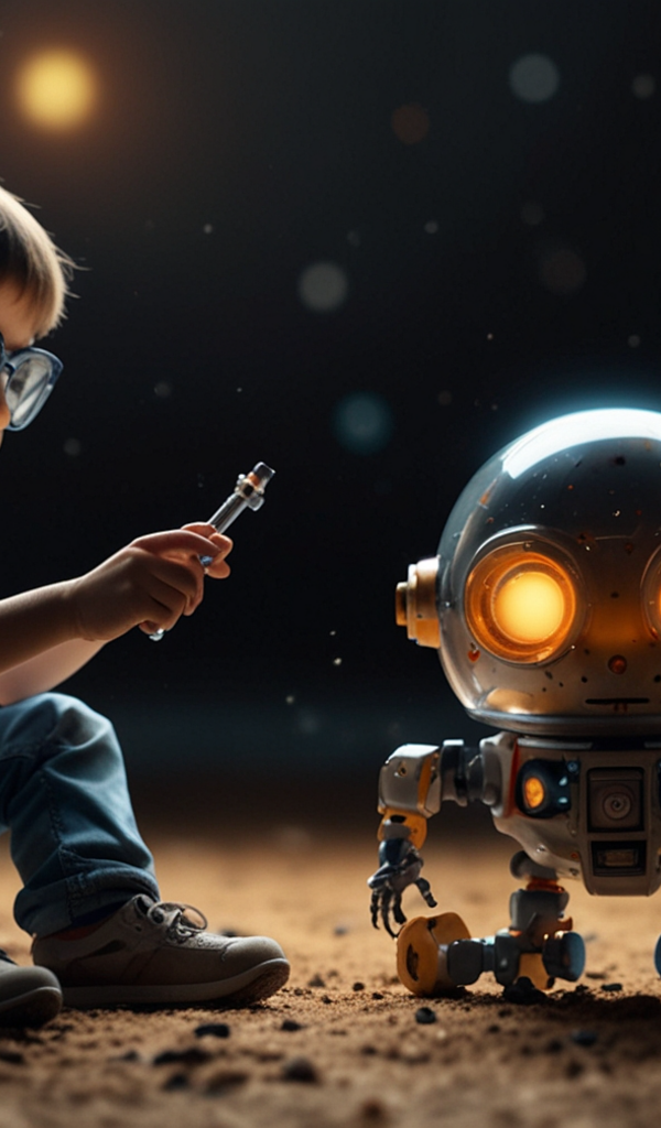 Мальчик ученый с роботом 