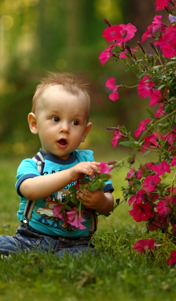 Удивленный малыш сидит у розовых цветов петунии