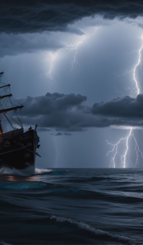 Корабль в бушующем море в шторм на фоне молнии в небе