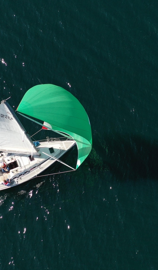 Вид сверху на парусную яхту в море