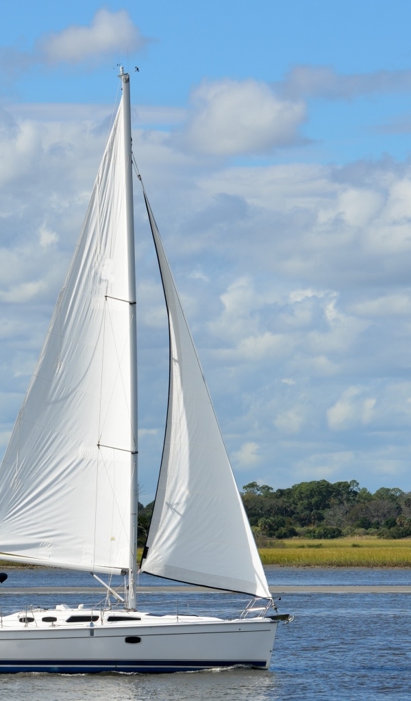Яхта с белыми парусами на реке