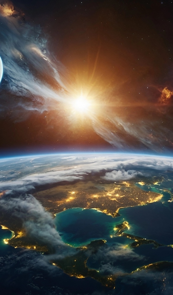 Яркая вспышка в космосе над планетой Земля