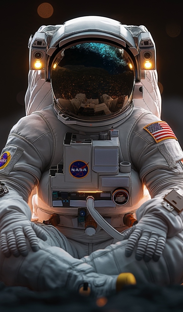 Астронавт сидит в позе для медитации на поверхности планеты