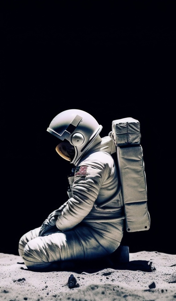 Космонавт сидит на поверхности планеты на черном фоне