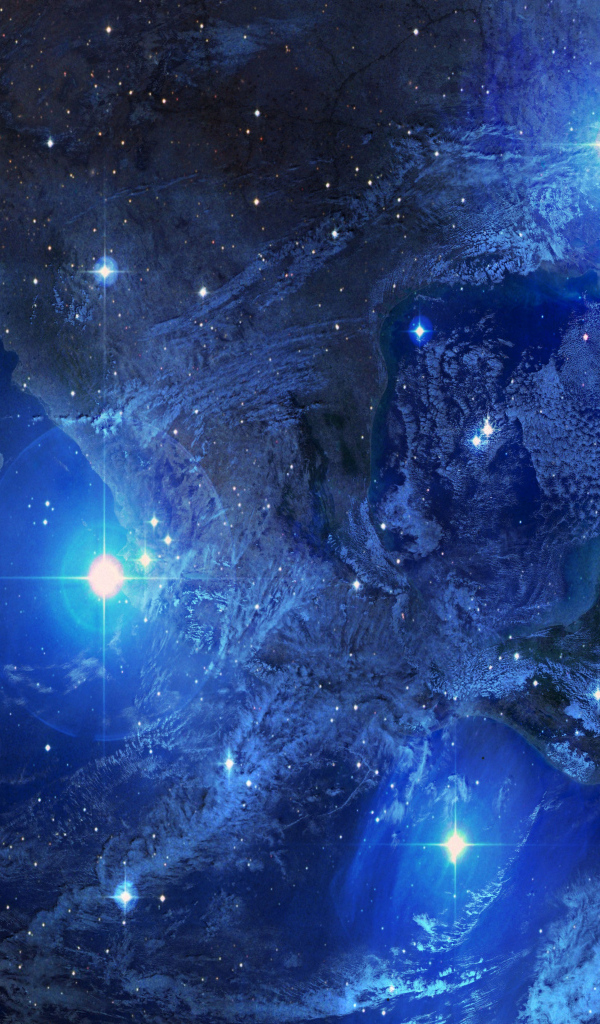 Яркие вспышки на планете Земля в голубом космосе