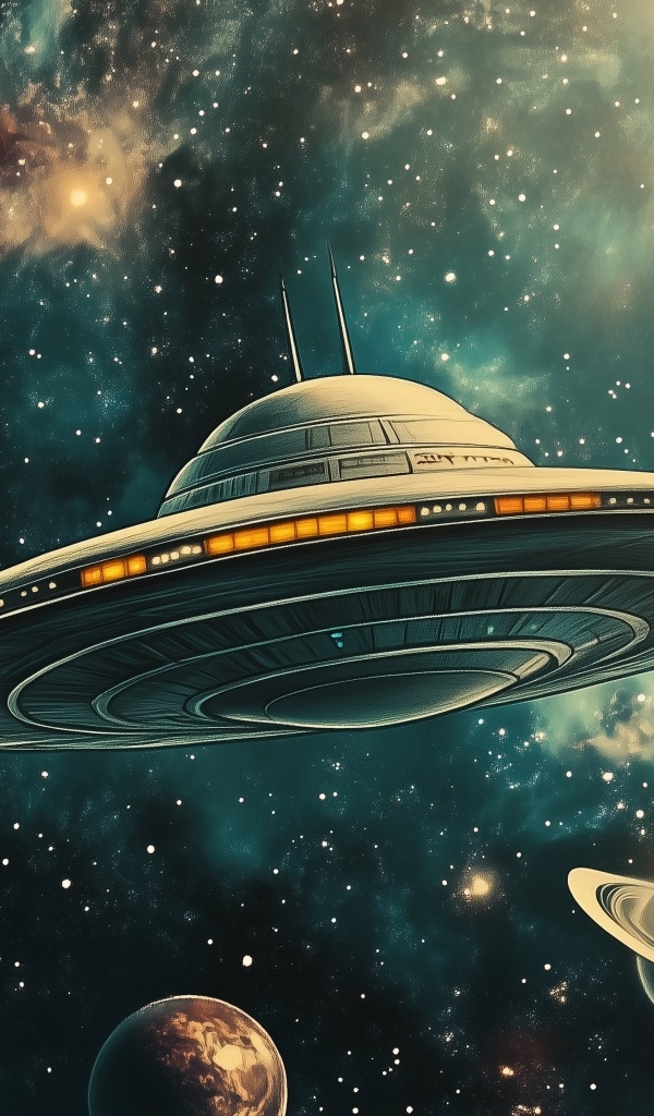 Летающая тарелка в космосе с планетами