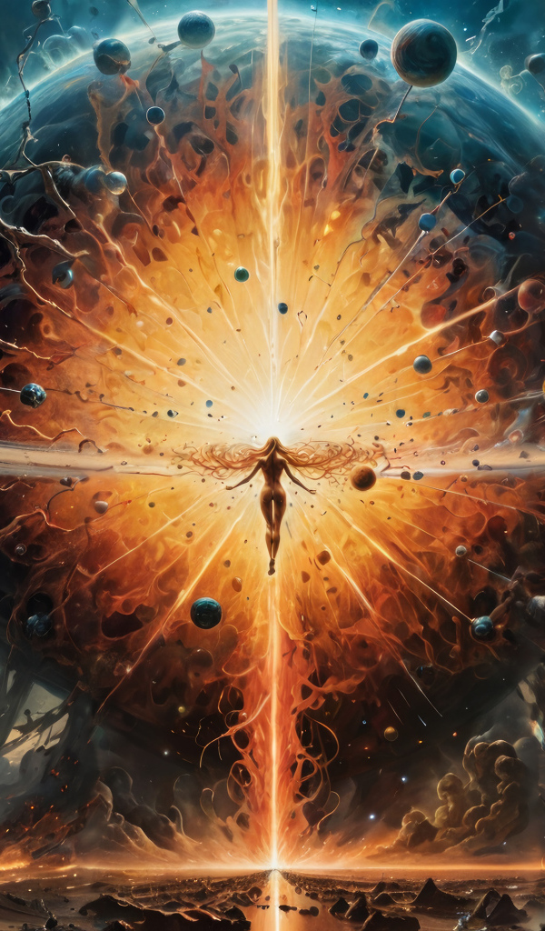 Girl against the backdrop of a planet exploding in space
