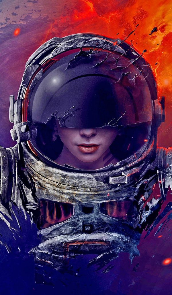 Девушка астронавт в скафандре на фоне планеты