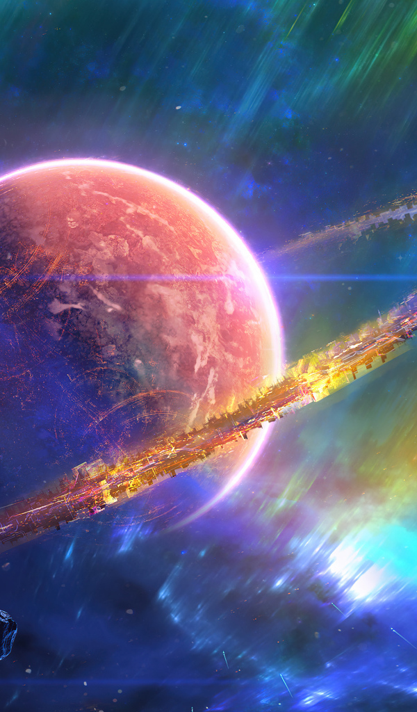 Большая планета с кольцами в космосе с астероидами