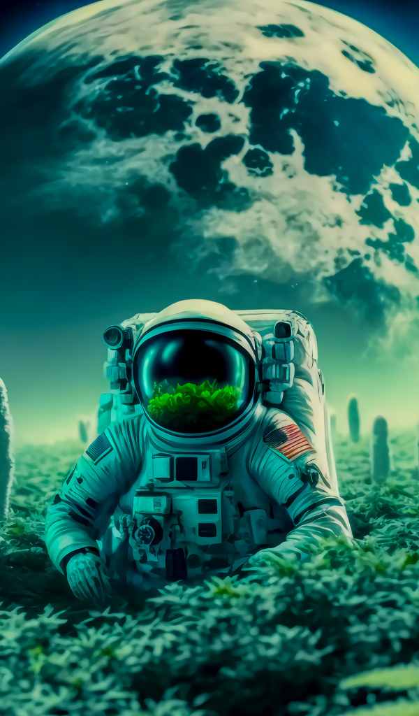 Мужчина астронавт NASA на планете с растениями