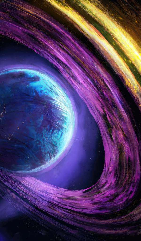 Планета с разноцветными кольцами в космосе