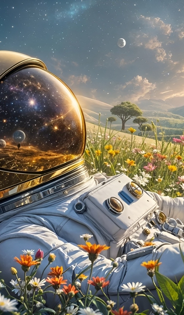 Космос отражается в шлеме астронавта лежащего на поле с цветами