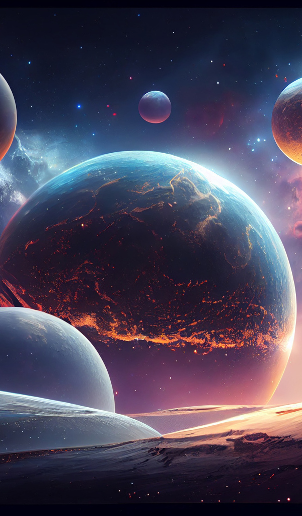 Вид на большие планеты в огненном космосе