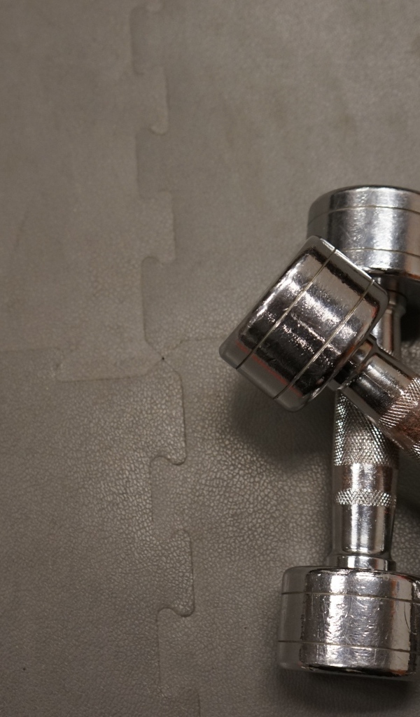 Две железные гантели на сером фоне