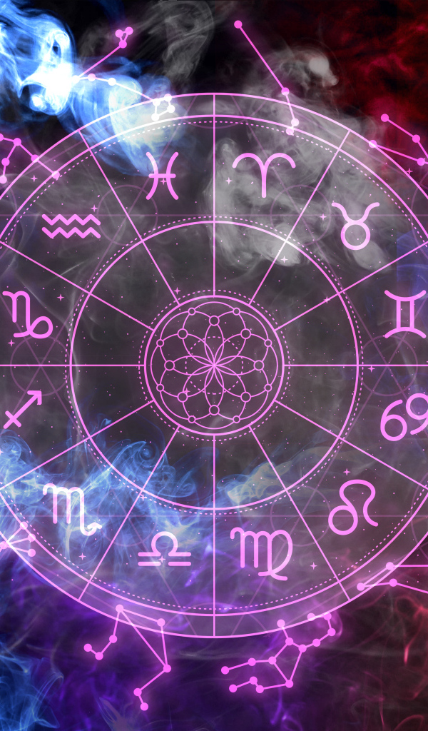 Круг со знаками зодиака на фоне разноцветного дыма