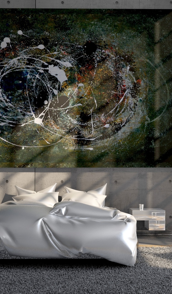 Абстрактная картина на стене в спальне с большим окном