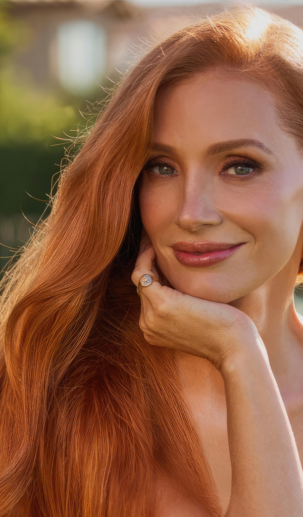 Милая голубоглазая рыжеволосая девушка актриса Джессика Честейн