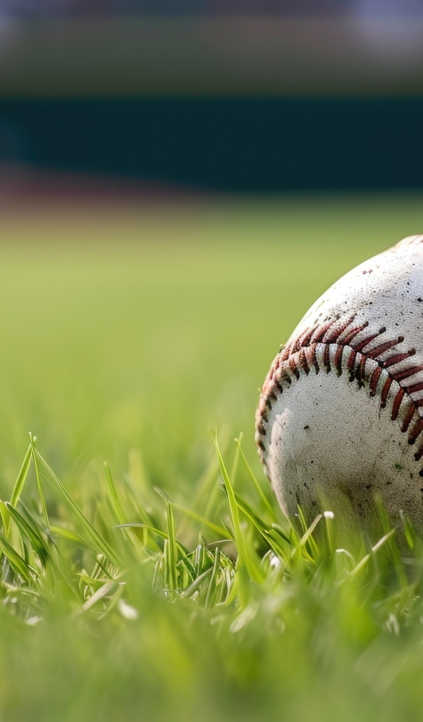 Грязный бейсбольный мяч на зеленой траве на поле