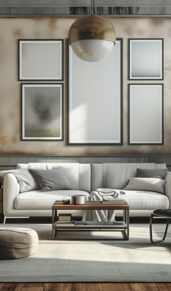 Большой серый диван в комнате с картиной на стене