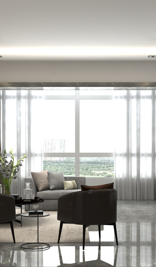 Большое окно в комнате с телевизором и мебелью 