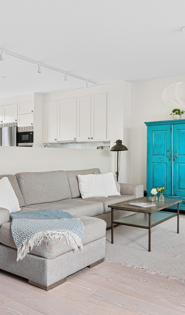 Просторная гостиная комната  с серым диваном