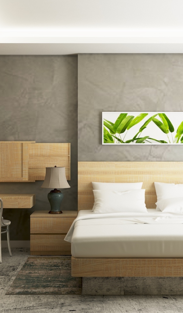 Деревянная мебель в комнате с серыми стенами