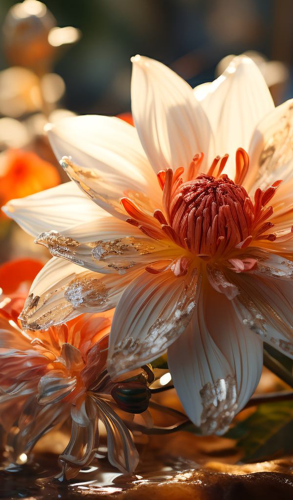 Распустившийся необычный цветок в воде с бутонами