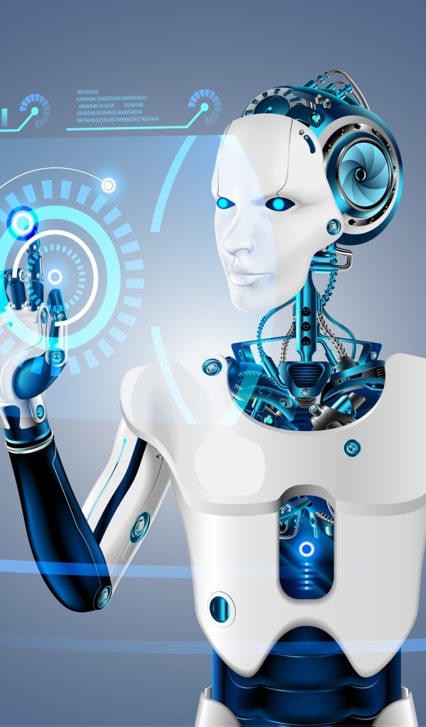 Андроид рисует схемы в воздухе на сером фоне