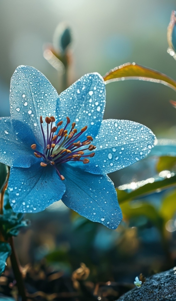 Синий цветок с бутонами в каплях росы