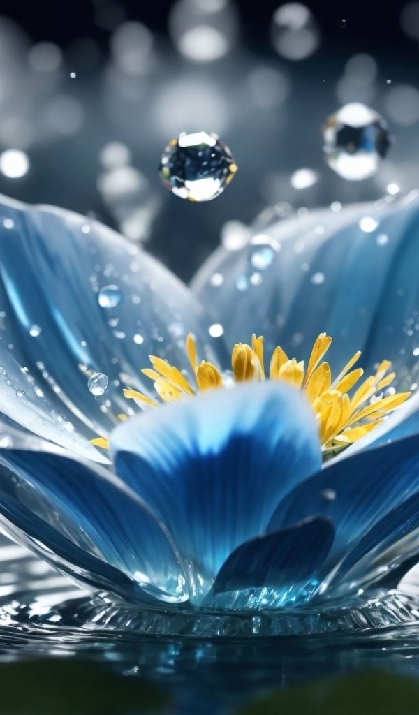 Капли дождя летят на красивый синий цветок