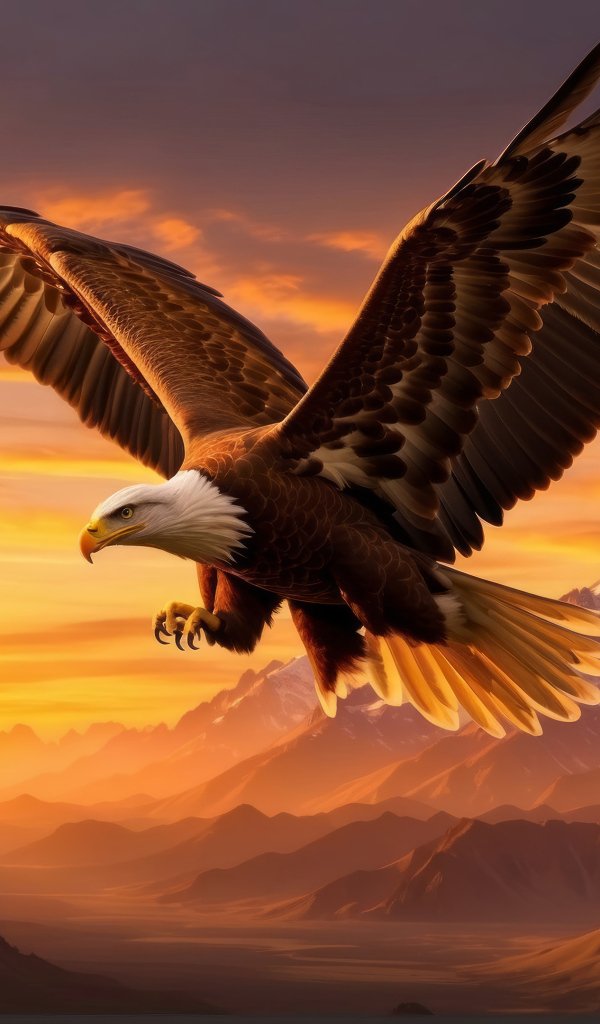 Белоголовый орлан с большими крыльями летит над горами