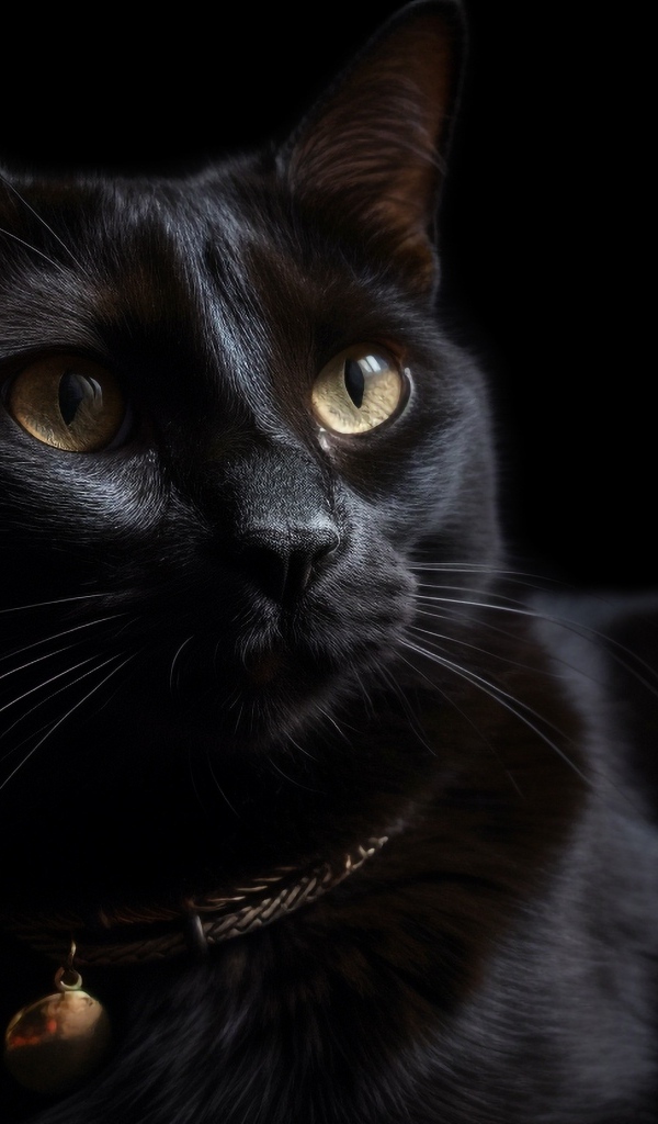 Красивый черный домашний кот с ошейником